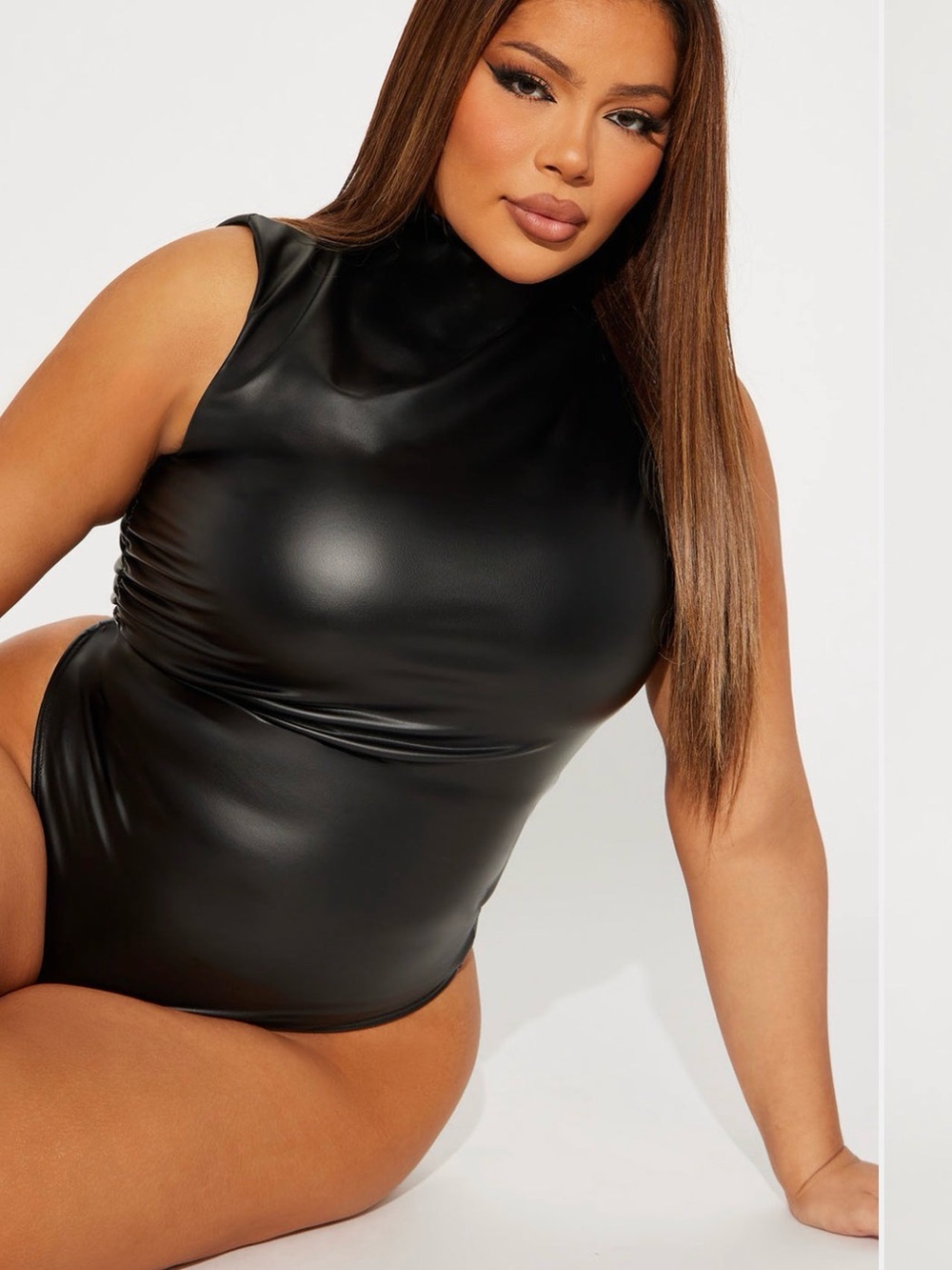 Fashion Nova Black Sleeveless Faux Leather Turtleneck Bodysuit